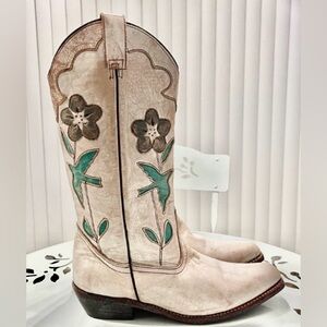 BED|STU boots VALENCIA Cowboy Western Floral Bird White Green Red Blue Size 8.5